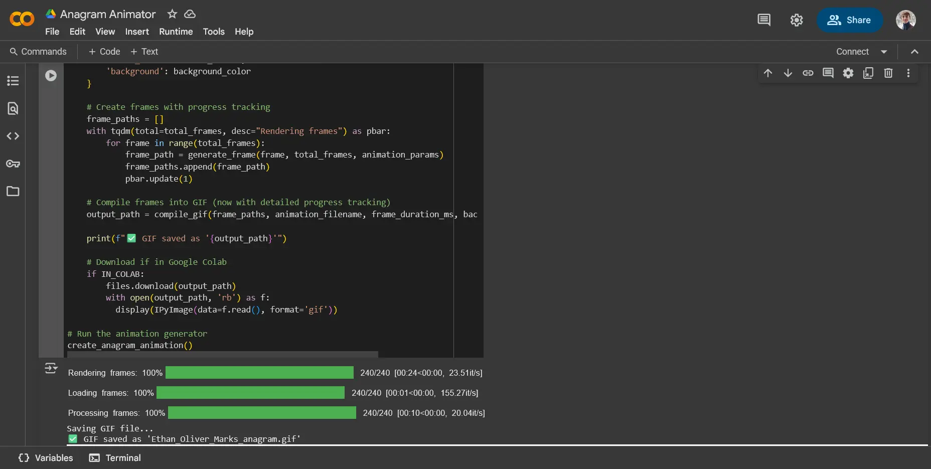 A screenshot of Anagram Animator in Colab