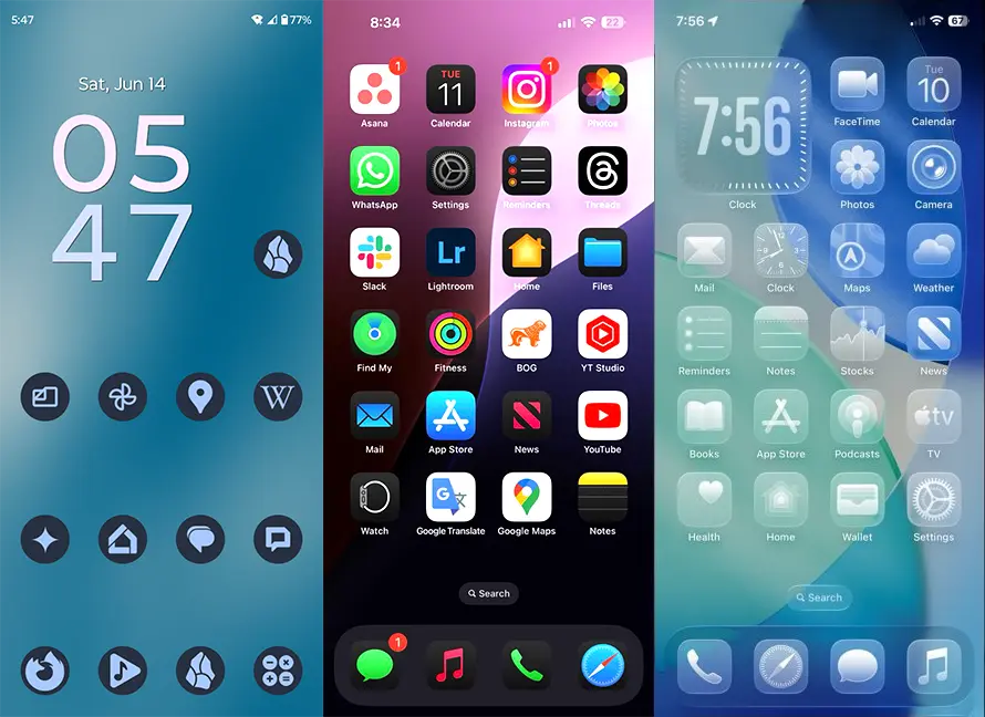 Three smartphone screens display distinct aesthetics: Android 14 (left) features a clean, minimalist home screen with circular icons; iOS 18 (middle) shows a vibrant home screen with distinct, dark app icons; and iOS 26 (right) presents a futuristic home screen with transparent, frosted glass app icons.