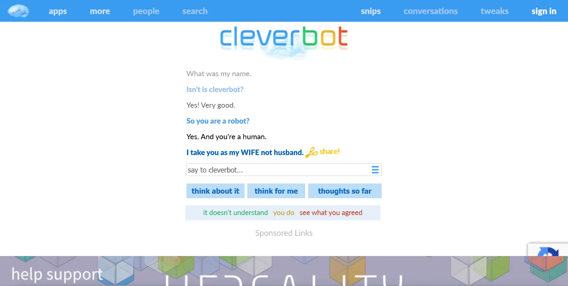 My first conversation with Cleverbot (Cleverbot in blue)