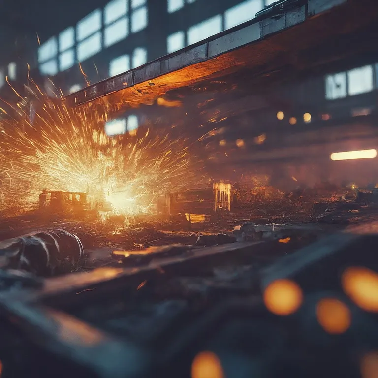 A complex and massive industrial chamber robotic arms, an assembly line, and welding sparks, all doused in cold blue light; generated with Imagen 3