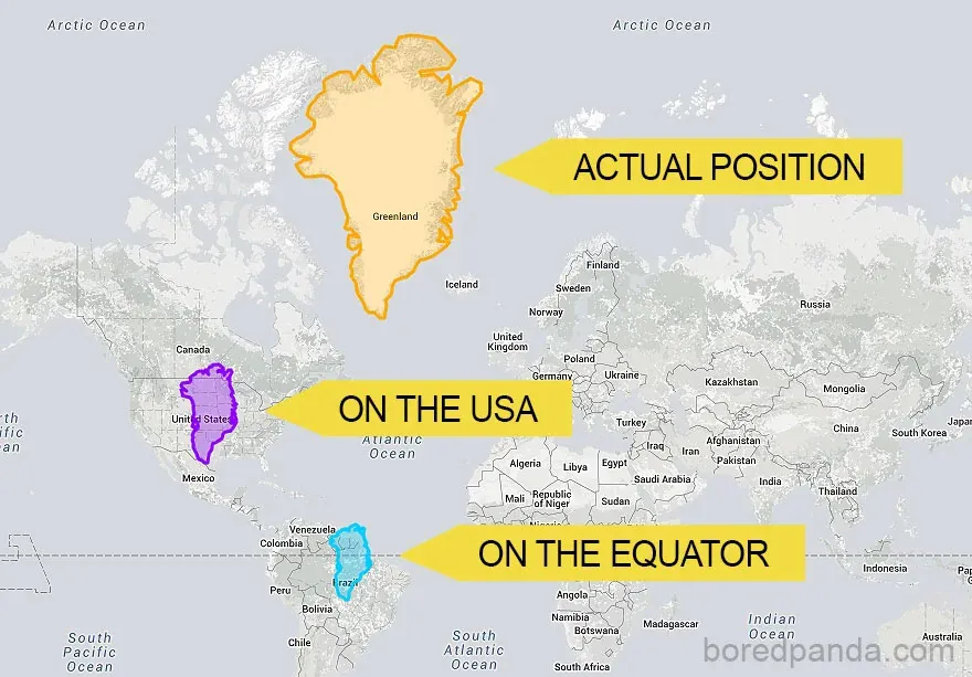 What Greenland would look like on the Mercator if it was closer to the equator.