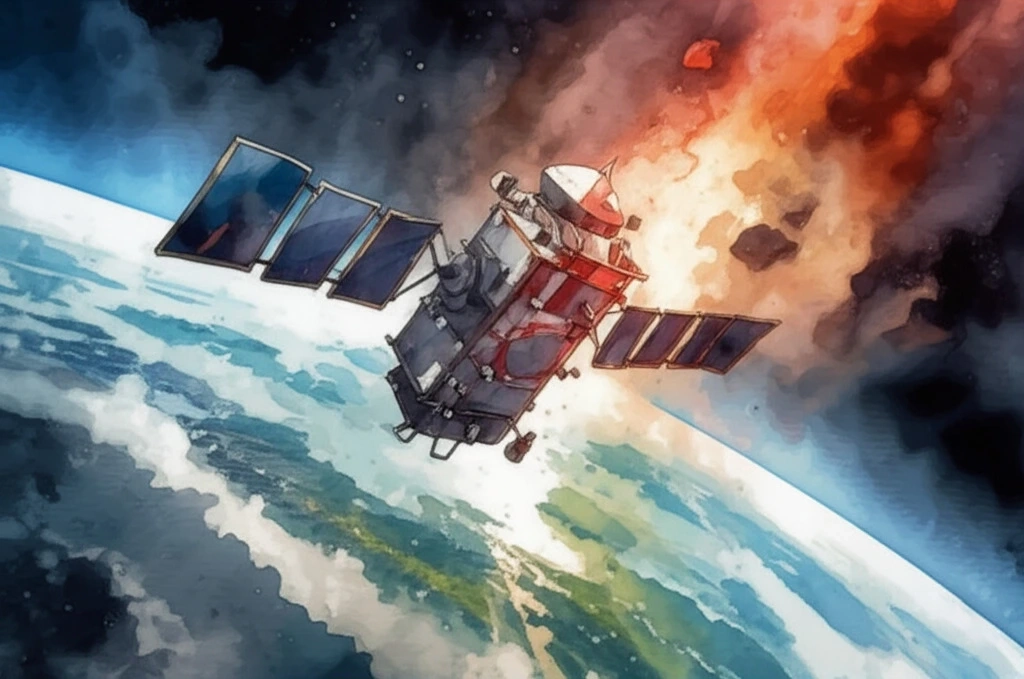 A watercolor painting of a satellite burning up on re-entry; generated with Imagen 3