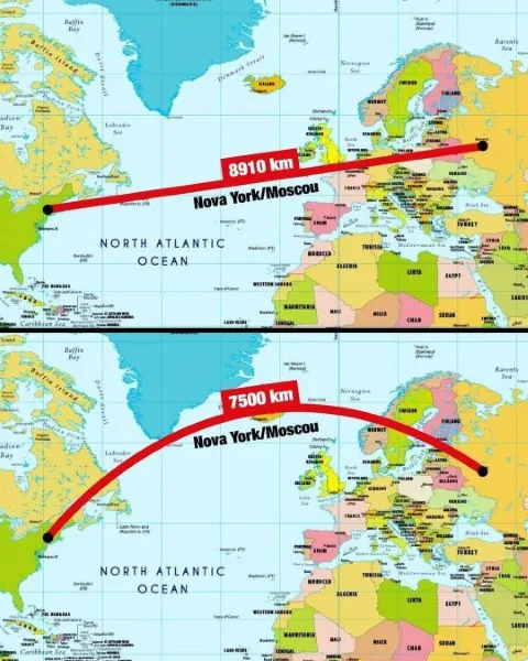 The curved path is shorter than the straight path.