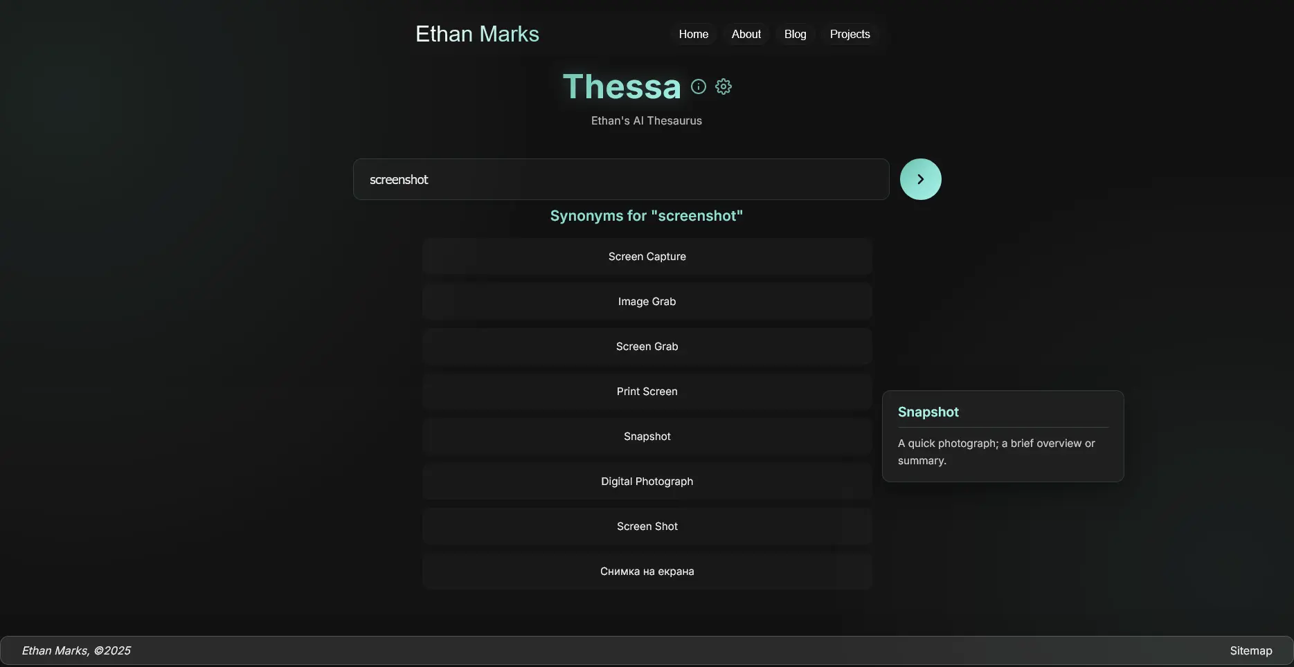 A screenshot of the Thessa interface showing synonyms for the word 'screenshot'
