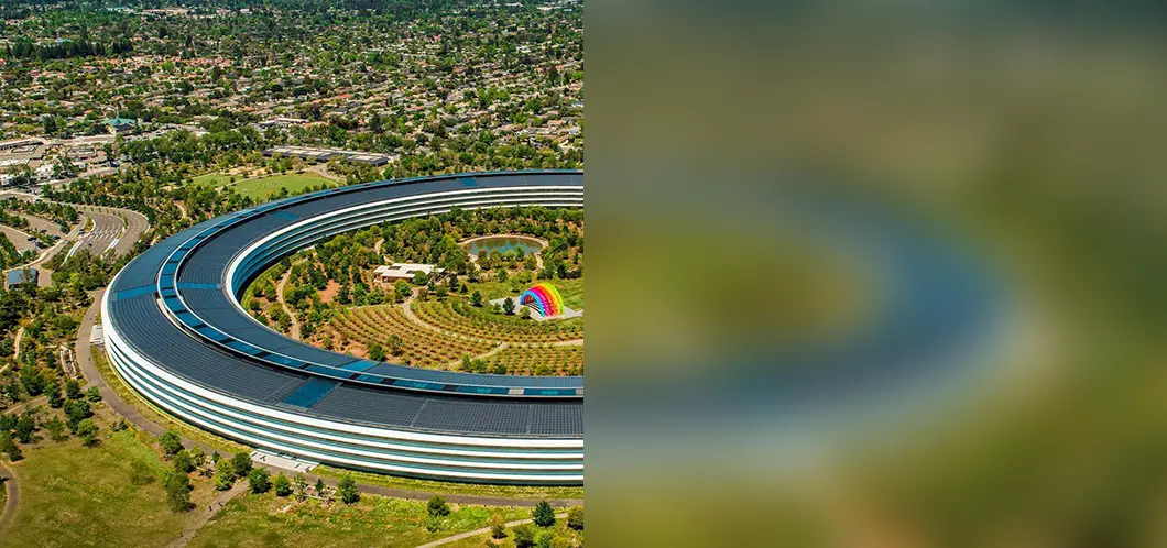 A photo of Apple Park where the right half is heavily gaussian blurred