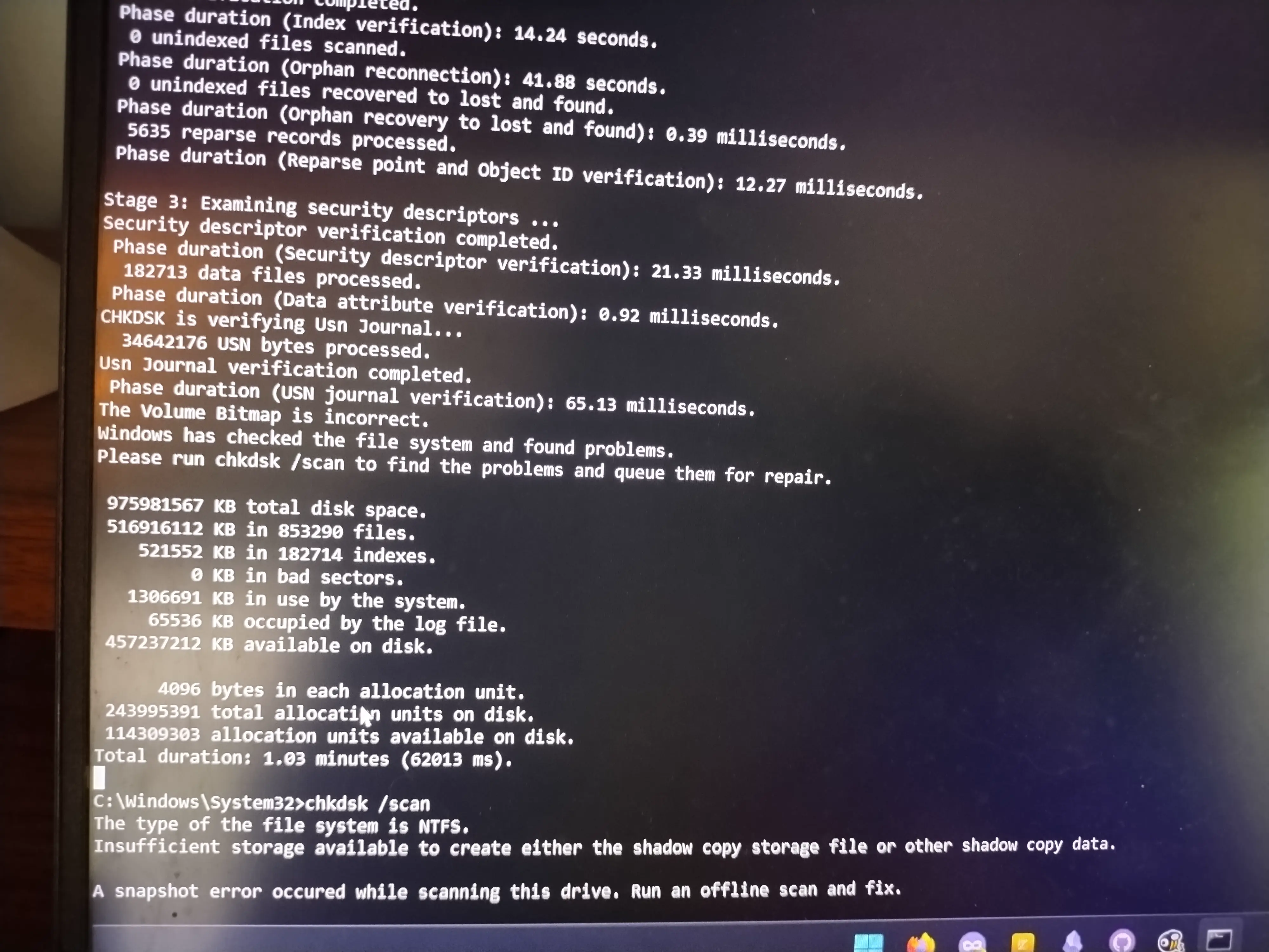 A PowerShell terminal showing errors from the command chkdsk /scan