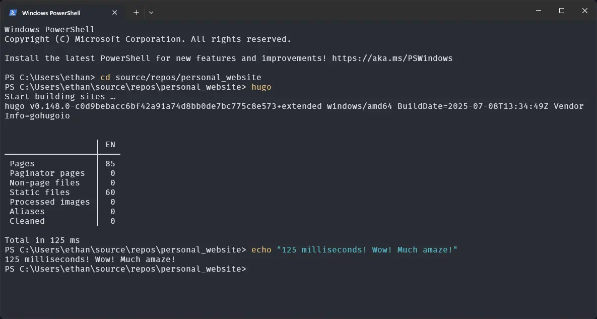 My Hugo site takes 125 milliseconds to build 85 pages and 60 static files