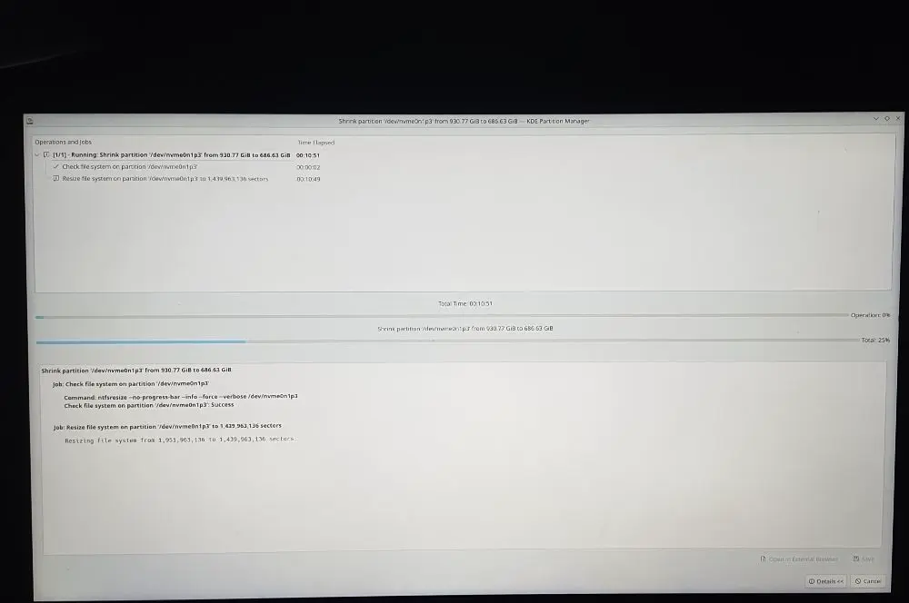 KDE Partition Manager showing the partition being resized