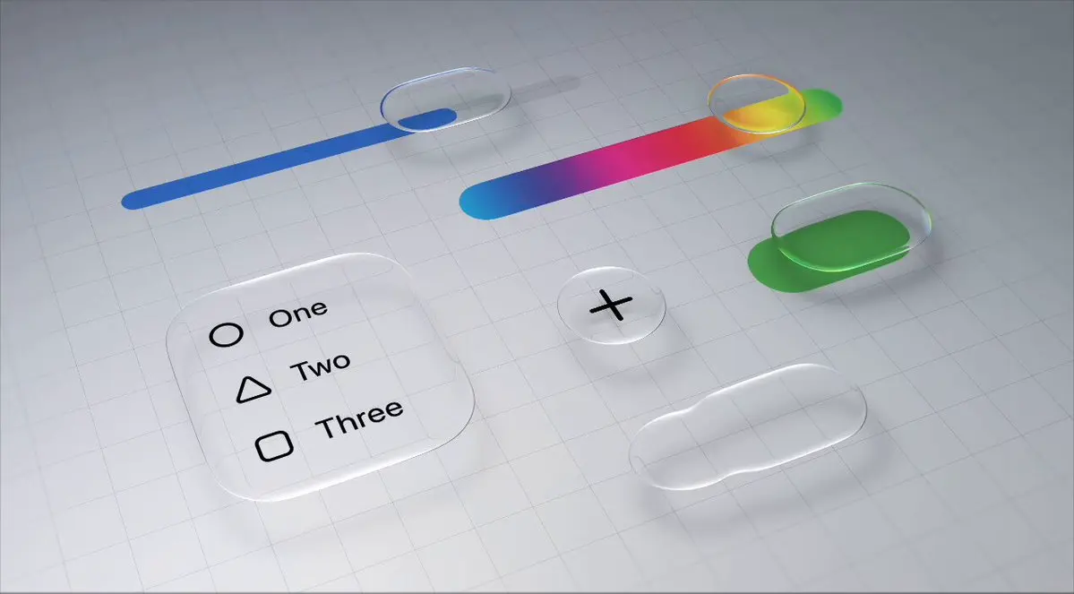 Various colourful abstract Liquid Glass blobs, using glassmorphic frosted glass transparency and resembling real glass