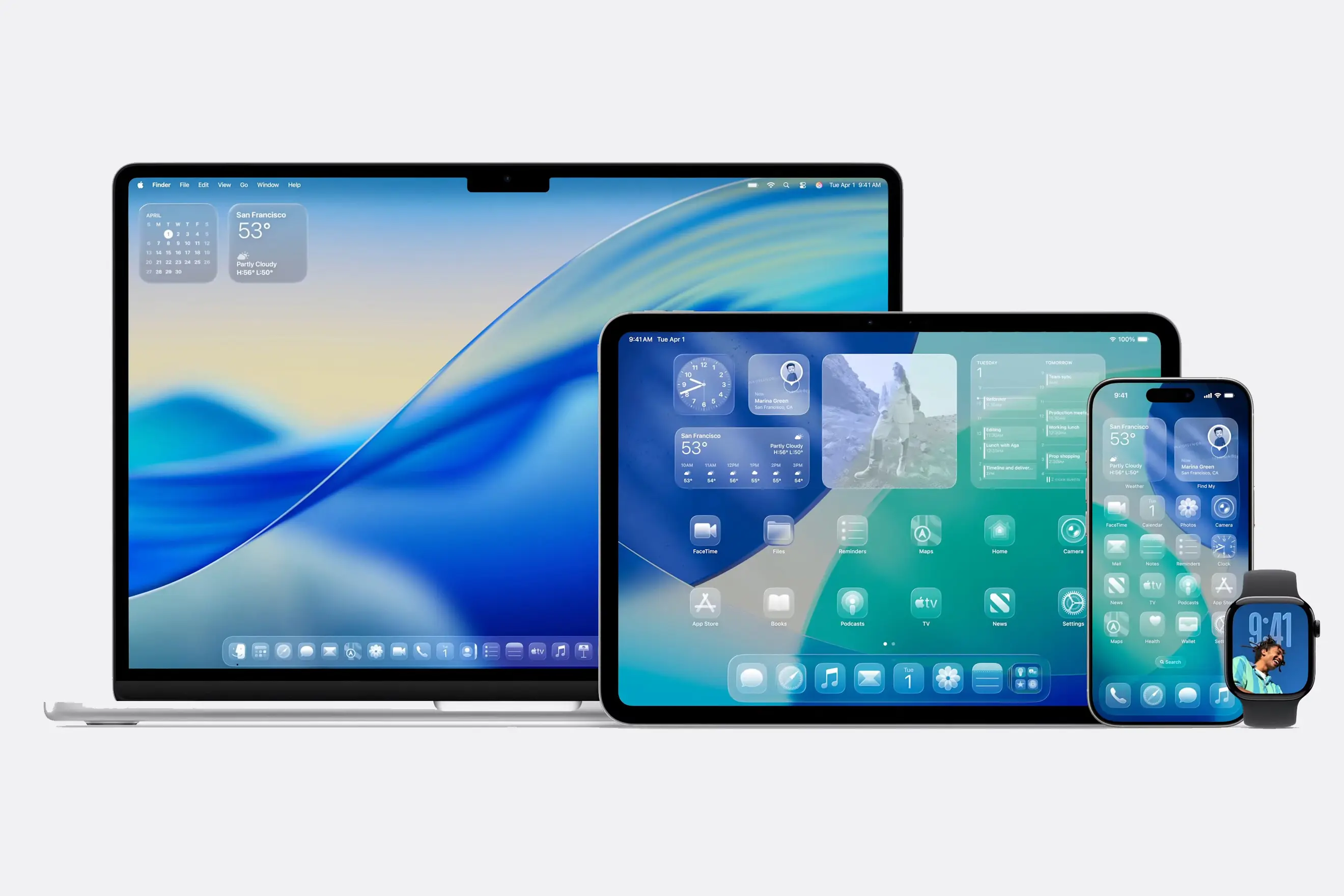 Four Apple devices: A Macbook, an iPad, an iPhone, and an Apple Watch, all lined up in a row and using a glassmorphic Liquid Glass interface with frosted glass buttons and widgets