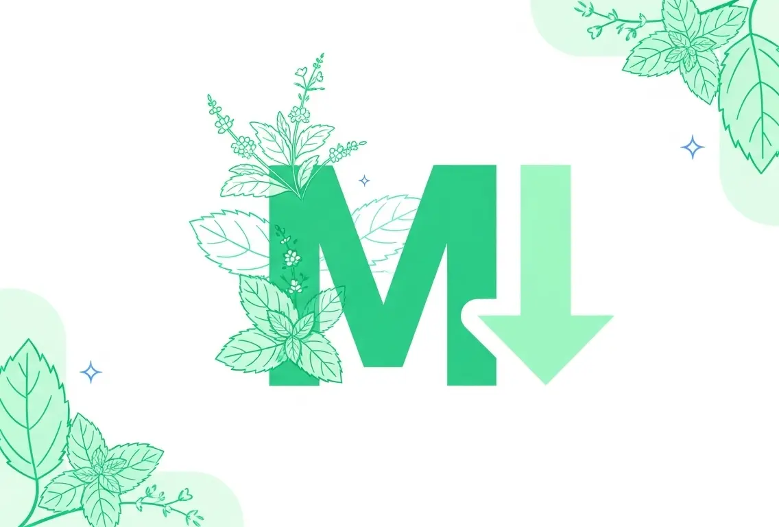 The Mint Flavoured Markdown logo, a capital ‘M’ covered in minty vegetation and adjacent to an arrow pointing down. Designed by Imagen 4, edited by Ethan Marks