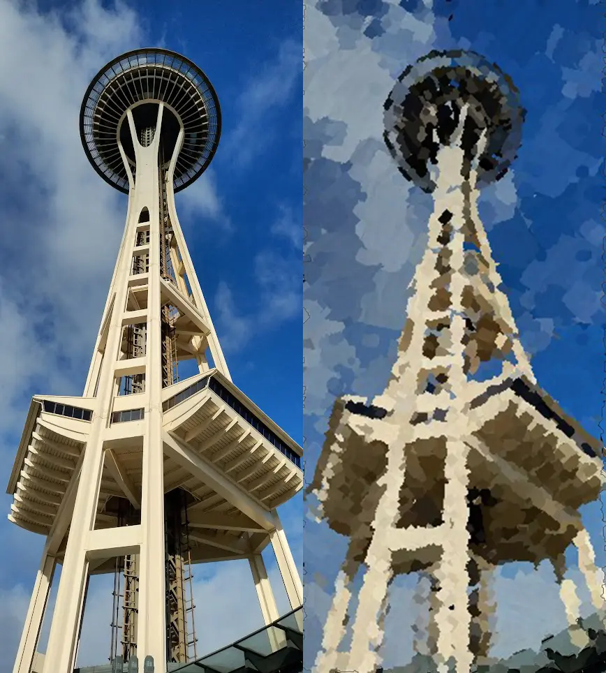 Two images of the Seattle Space Needle, side-by-side. The left image is an photo, and the one on the right is is heavily stylized and painterly image generated by PaintTransformer
