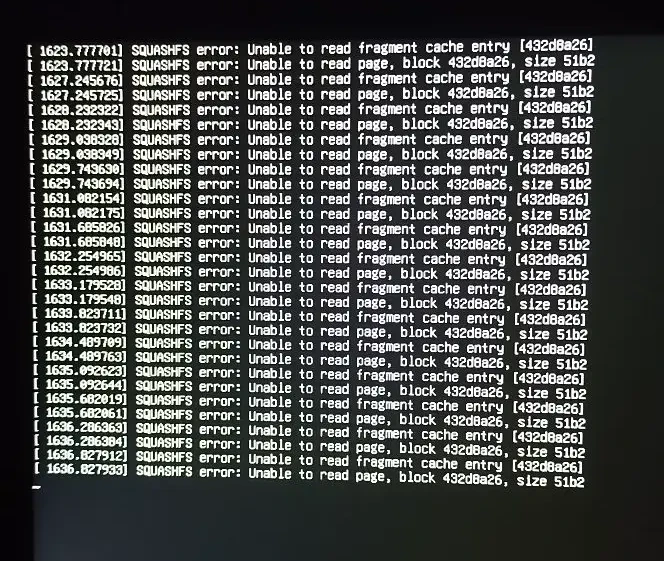 A terminal full of SQUASHFS errors
