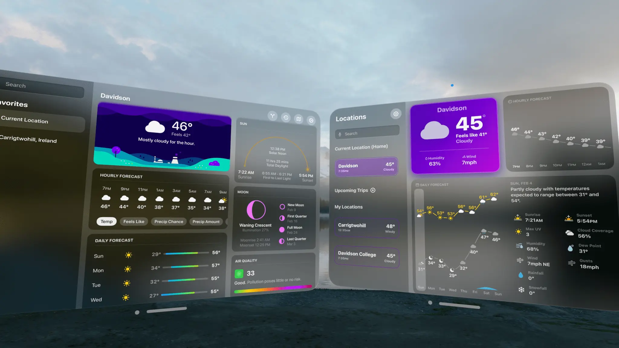 Two VisionOS panels using Liquid Glass displaying information about the weather