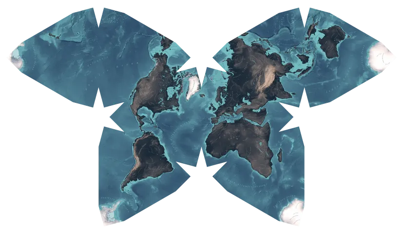 An unusual world map in a butterfly shape, showing the continents arranged in eight connected lobes